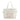 Beige tote bag with pink dog illustration and text on a white background