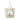 Beige tote bag with a photo of a dog on a beach printed on it, on a white background